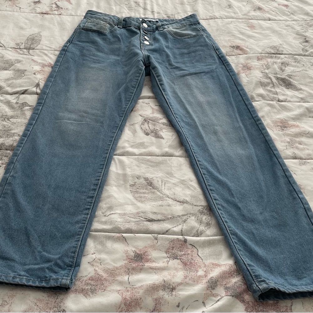 Misslook Y2K light wash blue button fly high rise bootcut jeans, size S Western